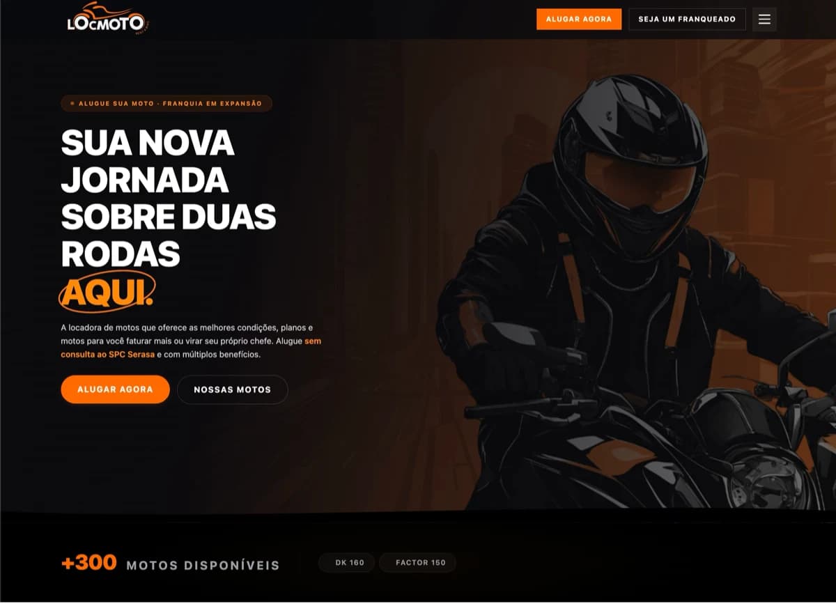 Site da LocMoto apresentando o serviço de aluguel de motos